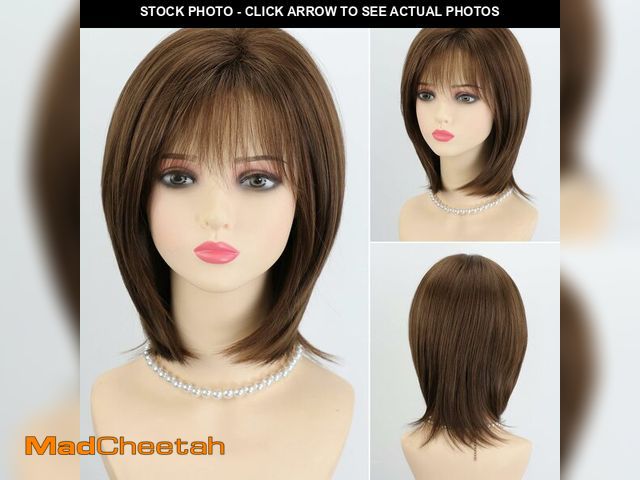 Lot 74-12716514 - RENERSHOW Layered Mid-length Brown Bob Wig with Bangs Straight 12 inch Synthetic Hair Wigs for Women...