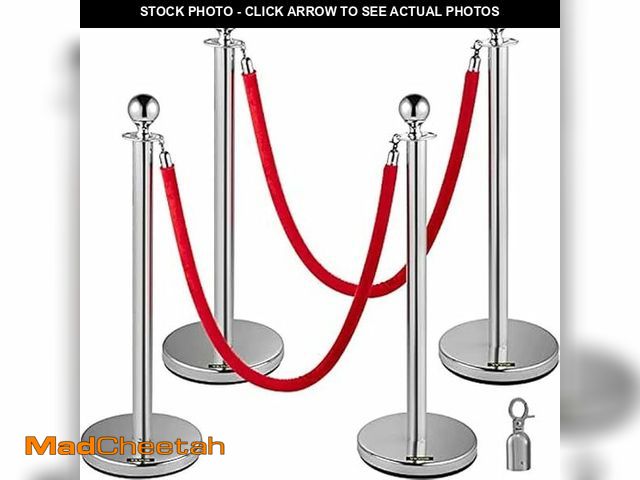 Lot 74-14614174 - VEVOR 4PCS Stainless Steel Stanchion Posts Queue, 38In Red Velvet Ropes Silver, Rope Barriers Queue ...