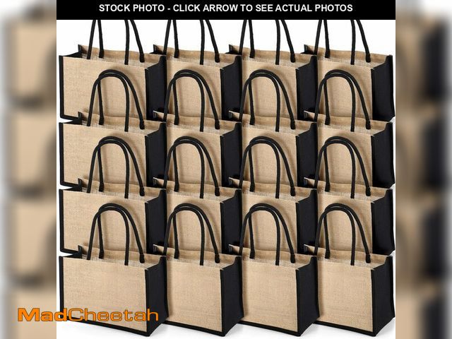 Lot 74-14301561 - Reginary 16 Pcs Jute Tote Gift Bags Natural Burlap Grocery Shopping Bag Beach Tote with Handle for B...