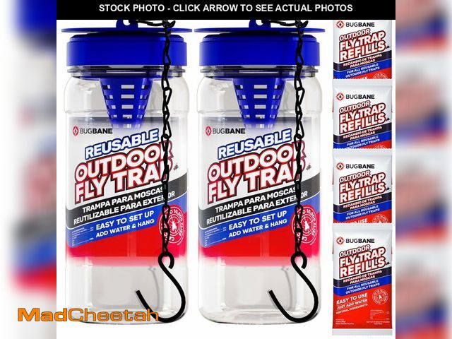 Lot 74-14329858 - 2 Fly Traps Outdoor Fly Trap for Patio with 4 Non-Toxic Dissolvable Bait Refills. Reusable Hanging B...