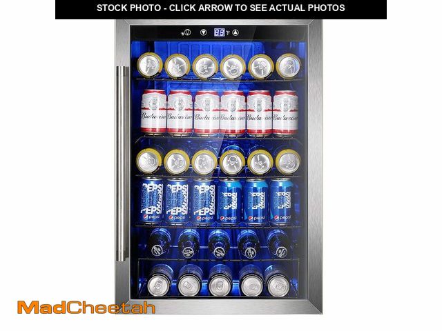 Lot 74-12693774 - Wine Cooler 37 Bottle Freestanding Fridge with Stainless Steel Reversible Glass Door, 145 Can Bevera...