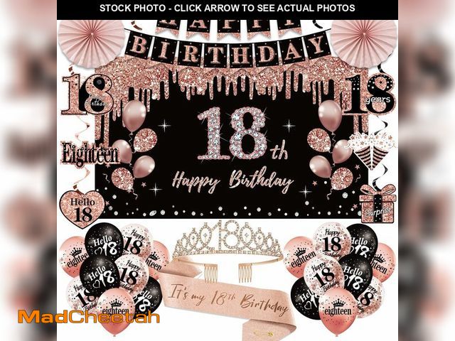 Lot 74-14263361 - 18th Birthday Decorations for Girls, 33pcs Black Rose Gold Happy 18th Birthday Banner 18 Birthday Cr...
