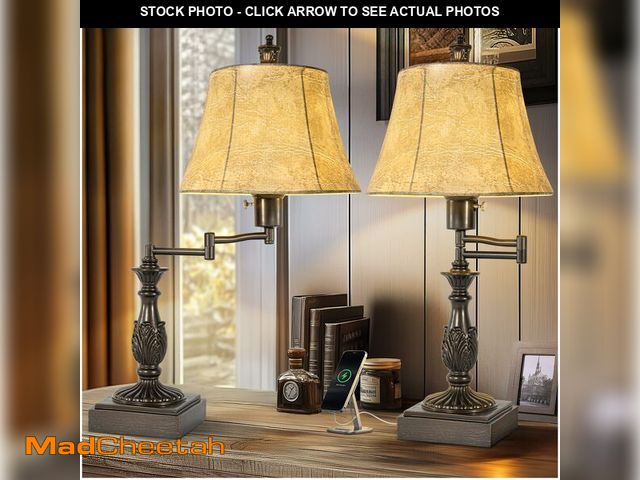 Lot 74-13565242 - 23.5" Rustic Traditional 350ÃÂ° Adjustable Swing Arm Table Lamp Set of 2 with USB A+C Ports Brown F...