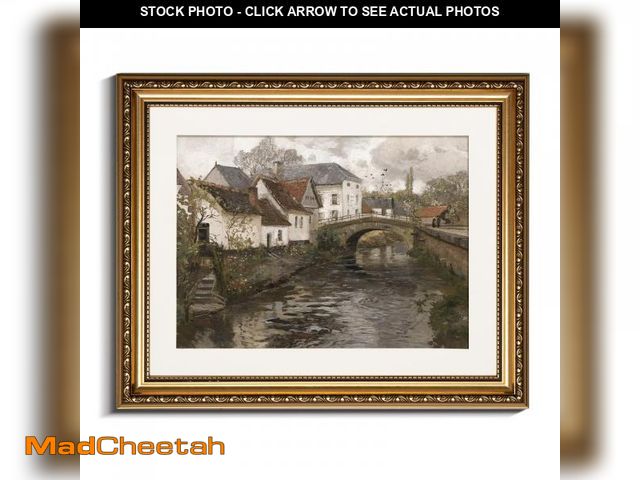 Lot 74-11551606 - InSimSea Retro Gold Framed Wall Art, Home Room Riverside Small Town Vintage Wall Decor, Canvas Print...