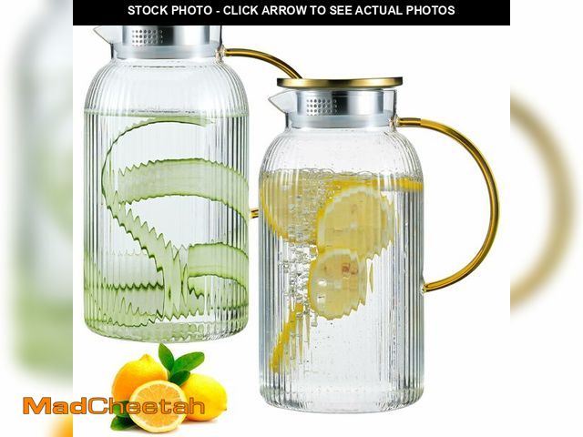 Lot 74-13956830 - 2 PACK Glass Pitcher with Lid and Handle,68 oz/ 2 Liter Vertical Stripes Water Pitcher,Glass Water C...