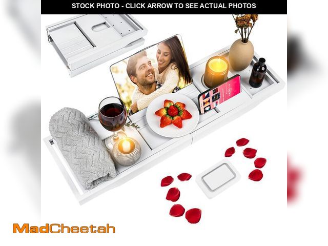 Lot 74-12453493 - Foldable Bathtub Caddy Tray, Bamboo Bath Tub Tray Table for Tub with Wine Glass Holder Book Phone Ta...