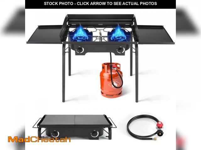 Lot 74-12481514 - Ktaxon 2 Burner 150000 BTU Cooker w/ Side Shelves,Removable Legs,Wind Panels,Regulator Outdoor Campi...