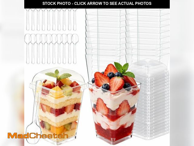 Lot 74-14263172 - 100 Pack 5oz Plastic Dessert Cups with Lids and Spoons, Mini Clear Yogurt Parfait Cups, Small Desser...