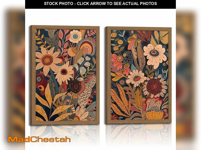Lot 74-14205331 - 2pcs Orange Flower Framed Canvas Wall Art Set Rural Bohemian Natural Style Canvas Painting Mid Centu...