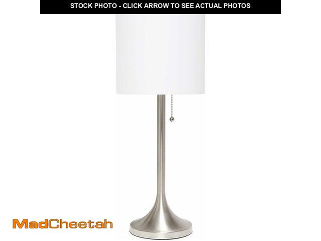 Lot 74-12665292 - Simple Designs LT1076-BNW Tapered Fabric Drum Shade Table Lamp, Brushed Nickel and White - UNUSED