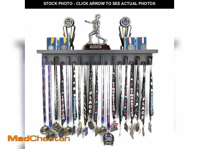 Lot 74-12889013 - Medal Awards Rack Trophy Shelf and Award Display Rack (24" Black) Medal Hanger with Shelf - UNUSED