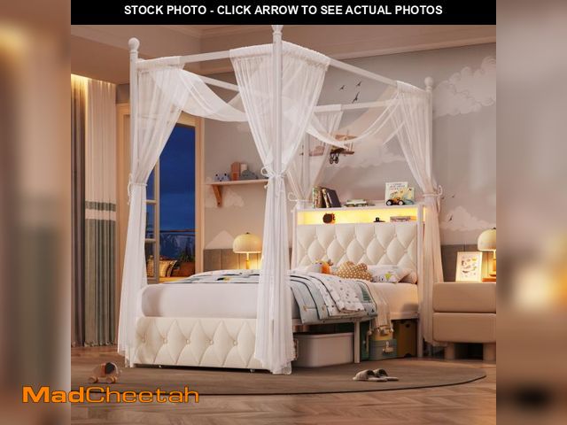 Lot 74-14609294 - Hiphuta Twin Size Upholstered Canopy Bed with Charging Station &amp; Storage Drawer, LED Beds with 4...