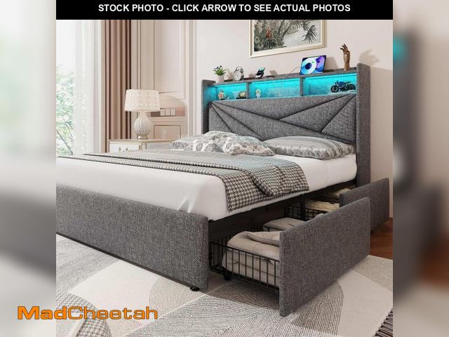 Lot 74-12227892 - Driftalia LED Queen Bed Frame with 4 Storage Drawers, Upholstered Bed Frame Queen Size with 2-Tier H...