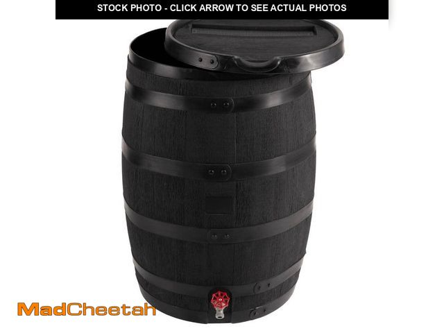 Lot 74-14344333 - (BENT,MISSING LID) RTS Home Accents 55 Gal. Premium Flat Back Eco Rain Barrel with Removable Lid, Bl...