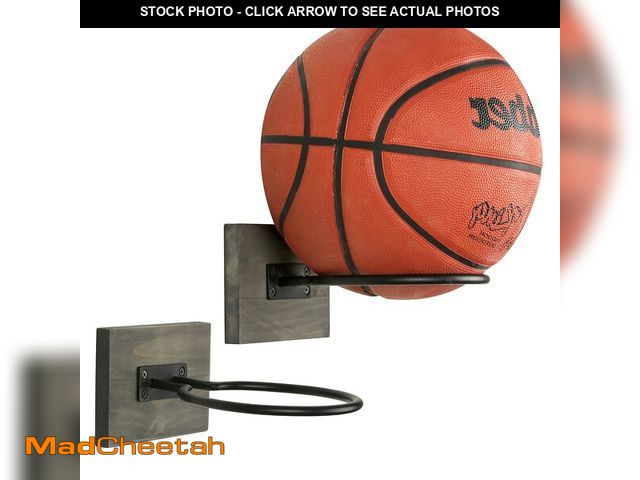 Lot 74-12715176 - MyGift Wall Mounted 2 Pack Sports Ball Holder - Gray Wood and Black Metal Home Gym Basketball Footba...