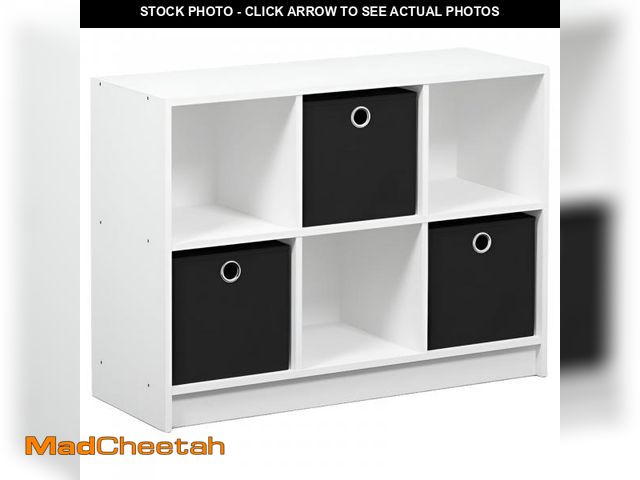 Lot 74-12487044 - Furinno Basic 6 Cube Storage Organizer Bookcase with Bins, White/Black - UNUSED