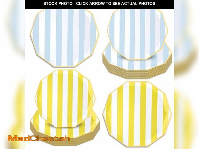 Lot 74-14269872 - Maxdot 60 Pcs Yellow and Blue Cabana Stripe Plates Lemon Yellow Blue Striped Paper Plate Disposable ...