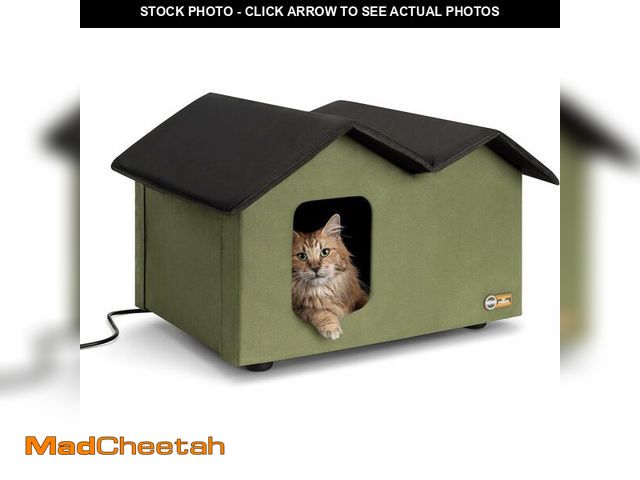 Lot 74-13042185 - K&amp;H Pet Products Elevated Outdoor Kitty House Extra-Wide Heated Olive/Black 26.5 X 21.5 X 17 Inc...