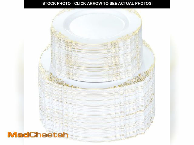 Lot 74-14206714 - Bestluck 200 PCS White and Gold Plastic Plates for 100 Guests, Gold Disposable Plates Include 100 PC...