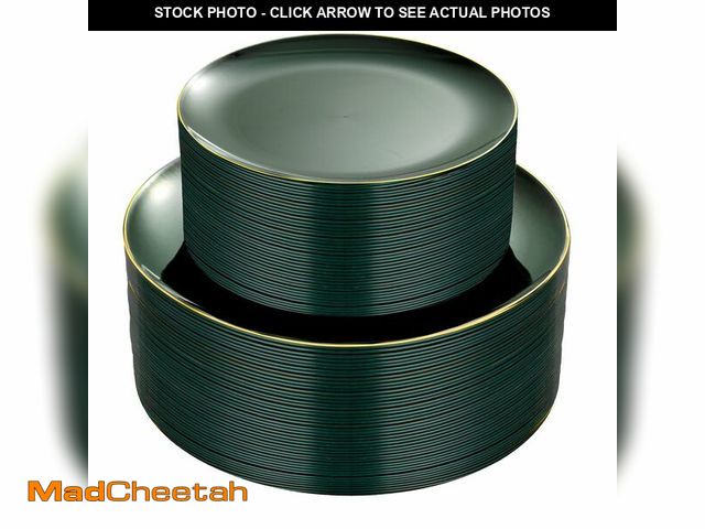 Lot 74-12704975 - PULOTE 100PCS Green Plastic Plates - Green Disposable Plates With Gold Rim - Include 50 Pieces Dinne...