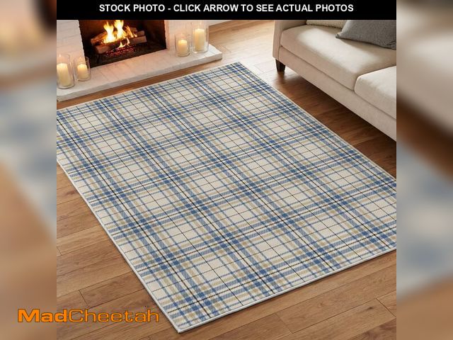 Lot 74-14331223 - Artoid Mode Blue Beige Design Sense Plaid Area Rug, Home Decor Low-Profile Washable Area Rugs for Be...