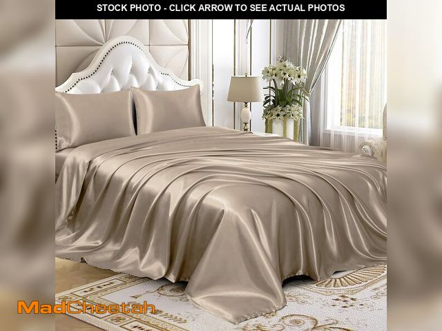 Lot 74-14268228 - Homiest 4pcs Satin Sheets Set Luxury Silky Satin Bedding Set with Deep Pocket, 1 Fitted Sheet + 1 Fl...