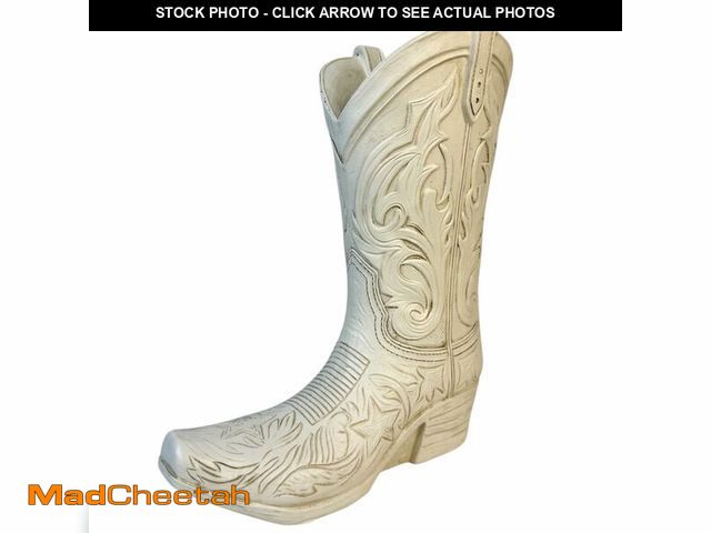 Lot 74-13567867 - Cowgirl Boot Flower Vase Ã¢â¬â 10 1/2Ã¢â¬Â Tall Antique White Finish with Intricate Tooled Leat...