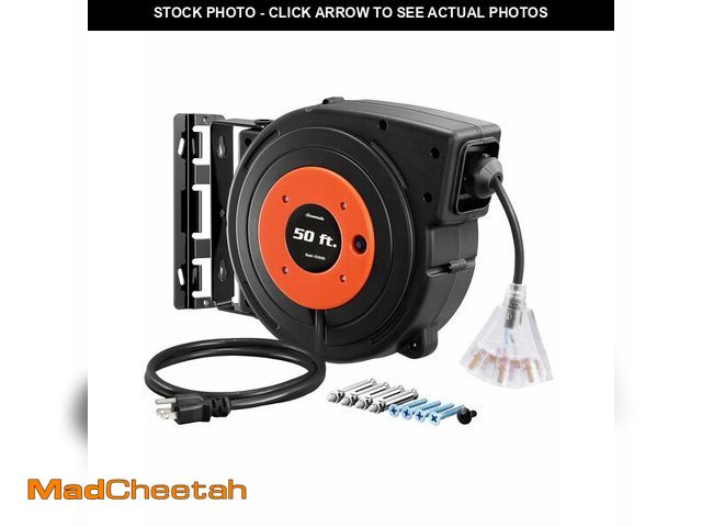 Lot 74-14296182 - DEWENWILS Retractable Extension Cord Reel, 50 FT Heavy Duty Power Cord, 14AWG/3C SJTOW, 3 Grounded O...