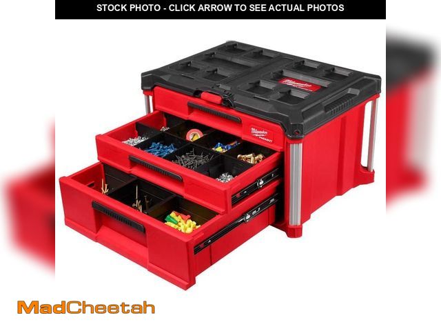 Lot 74-13287684 - Milwaukee PACKOUT 22 in. Modular 3-Drawer Multi Drawer Tool Box with Metal Reinforced Corners and 50...