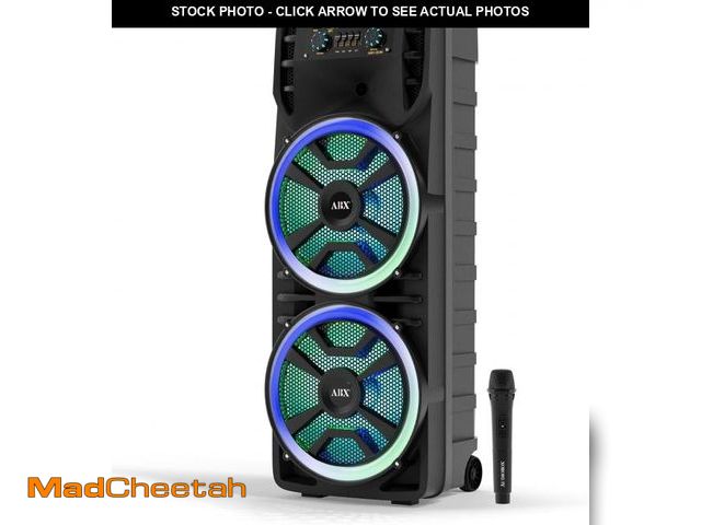 Lot 74-12155494 - Audiobox Dual 12-inch Portable Bluetooth Speaker with LED Lights and Microphone, Bass Treble Control...
