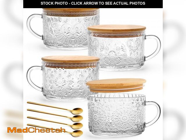 Lot 74-12315607 - YORY 4-Pack Vintage Glass Mugs with Bamboo lids and Spoons Coffee Tea Cups Gifts for Women Overnight...