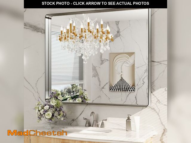 Lot 74-13122144 - LOAAO 48x40 Inch Brushed Nickel Bathroom Mirror, Rounded Rectangle Silver Metal Frame Mirror, Brushe...