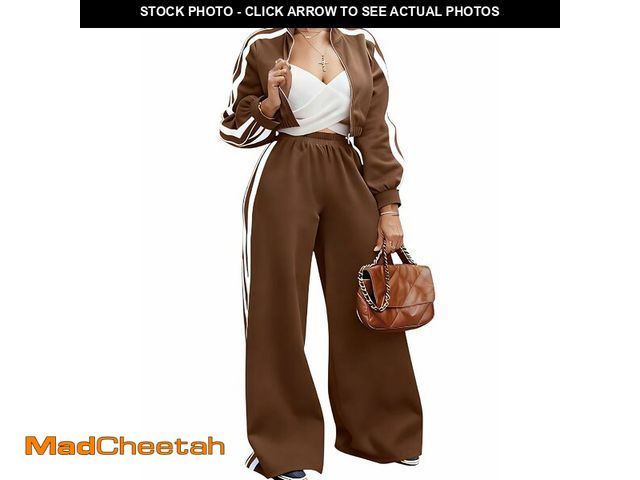 Lot 74-13539937 - Akmipoem Sweatsuits Women Two Piece Outfit Tracksuit Set Striped Zipper Cropped Jacket Wide Leg Pant...