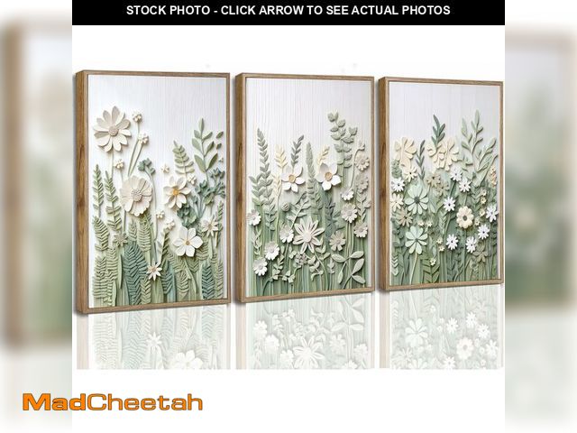 Lot 74-13709019 - 3 Pcs Framed Farm Sage Green Wildflowers Canvas Wall Art Neutral Minimalist Abstract Boho Floral Bot...