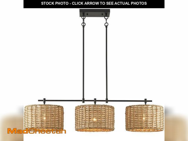 Lot 74-13698068 - HLMRCHEN 41" Chandelier Woven Rattan Light Fixture with 3 Wicker Lampshades, Large Linear Boho Chand...