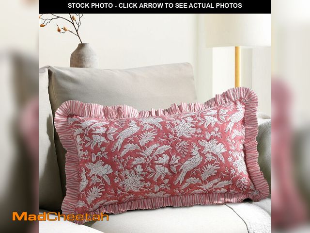 Lot 74-12710828 - CPC Coral Pink 100% Cotton Block Print Ruffle Sham Cover 12x20 inch, Handmade Boho Floral Pillowcase...