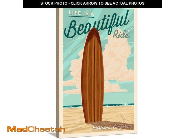 Lot 74-13213739 - ART.COM Stretched Canvas Print Carlsbad, California - Life is a Beautiful Ride Surfboard Letterpress...