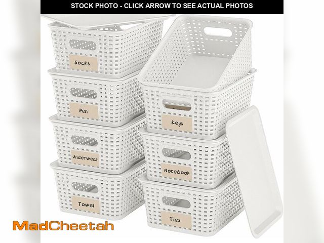 Lot 74-14355119 - WRRLORS 8-Pack White Plastic Storage Baskets with Lids, Label Organizers, Stackable Organizer Contai...