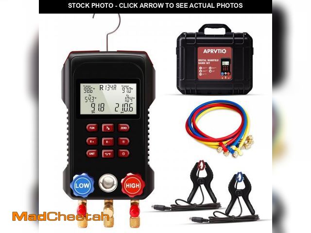 Lot 74-12305593 - Digital HVAC Gauge, Aprvtio AMF-300 AC Manifold Gauge Set with 3000PSI Hoses and 2 Wired Temperature...