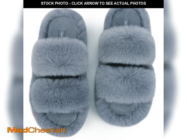 Lot 74-12114384 - FamilyFairy Women's Fluffy Faux Fur Slippers Comfy Open Toe Two Band Slides with Fleece Lining and R...