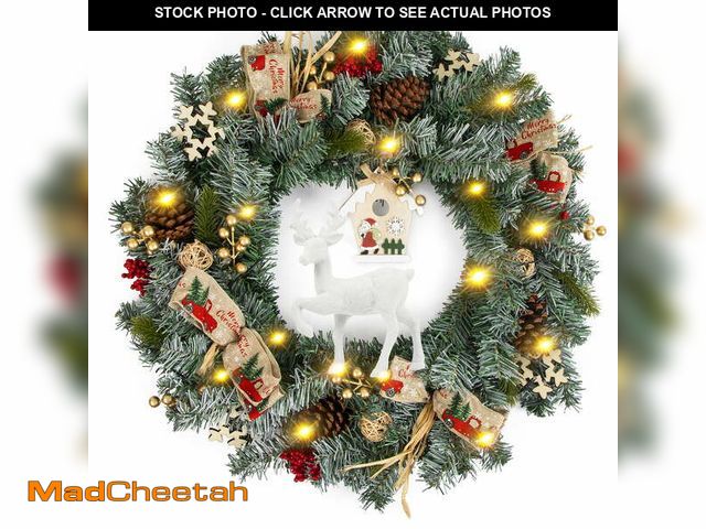 Lot 74-13060193 - Fohil Christmas Wreath with LED Lights 24inch Round Artificial Plant Wreaths with Pine Cones Red Ber...