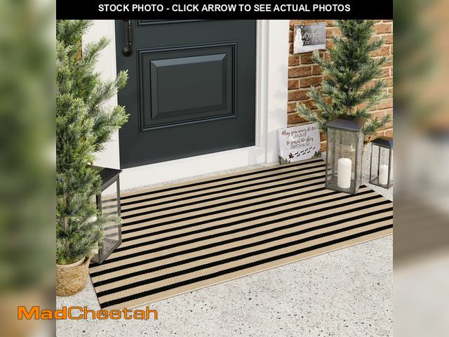 Lot 74-14265204 - Black and Tan Outdoor Rug, 2x4.3 Striped Front Door Rug Cotton Hand-Woven Reversible Entryway Rugs W...