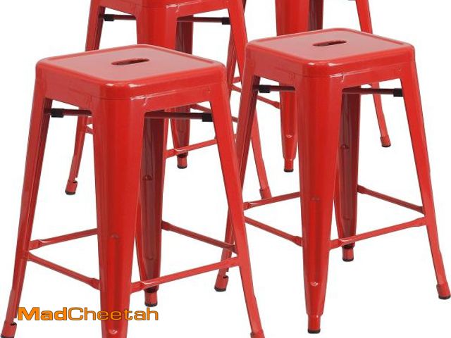 Lot 74-12399770 - Flash Furniture Lily 4 Pack Commercial Grade 24" High Backless Red Metal Indoor-Outdoor Counter Heig...