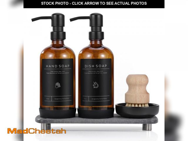 Lot 74-12302029 - [Luxury] Kitchen Soap Dispenser Set - 16OZ Amber Glass Bottle, Stainless Steel Pump, Instant Dry Tra...