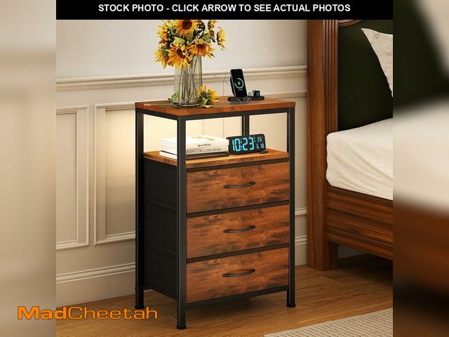 Lot 74-14349060 - Sweetcrispy Nightstand with Charging Station, Bedside End Table with 3 Fabric Drawers, USB &amp; Typ...