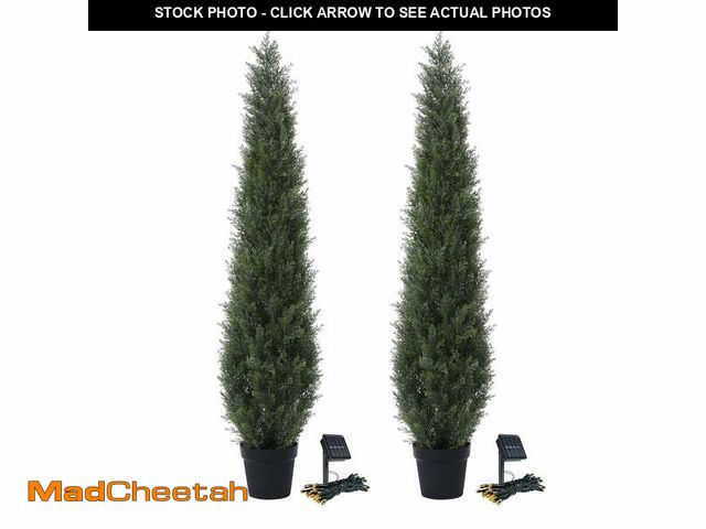 Lot 74-12766311 - 2 Pack 5ft Artificial Cedar Topiary Trees for Outdoors, Fake Cypress Plants with Solar Light String,...