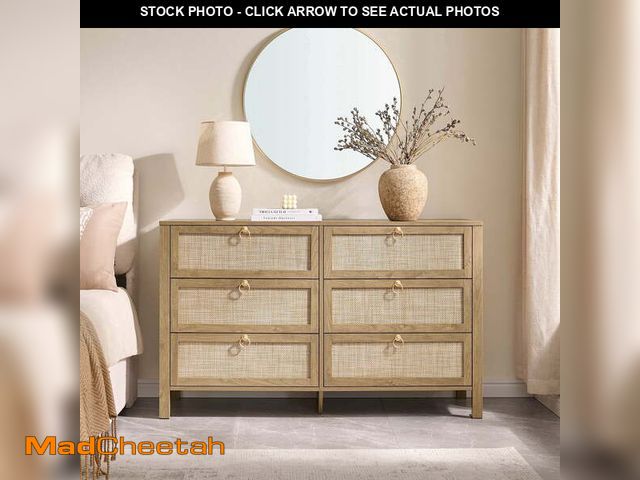 Lot 74-13780193 - SICOTAS 51.14" Wide 6-Drawer Rattan Dresser, Large Boho Chest of Drawers with Gold Handle for Bedroo...