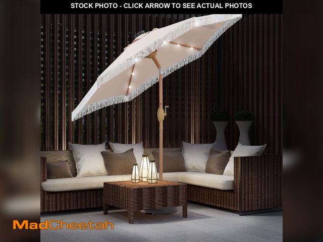 Lot 74-12490293 - Autlaycil 7.5 ft Fringe Patio Umbrella with 18 LED Lights, Tassels Solar Umbrella, Khaki - UNUSED