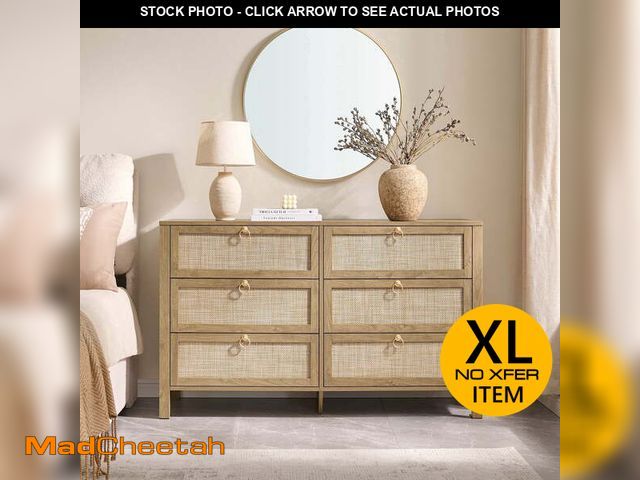 Lot 74-14254115 - SICOTAS 51.14" Wide 6-Drawer Rattan Dresser, Large Boho Chest of Drawers with Gold Handle for Bedroo...