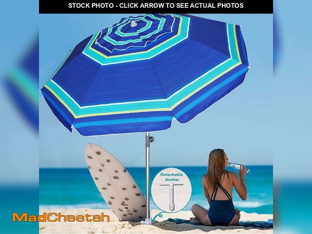 Lot 74-14351282 - AMMSUN 7ft Heavy Duty Beach Umbrella UPF50+ with Sand Anchor &amp; Tilt Shelter &amp; Bag,Blue Horiz...